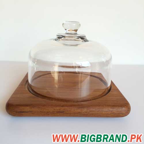 Square Glass Cheese Dome With Wooden Tray, Round Wooden Cheese Board With Glass Dome